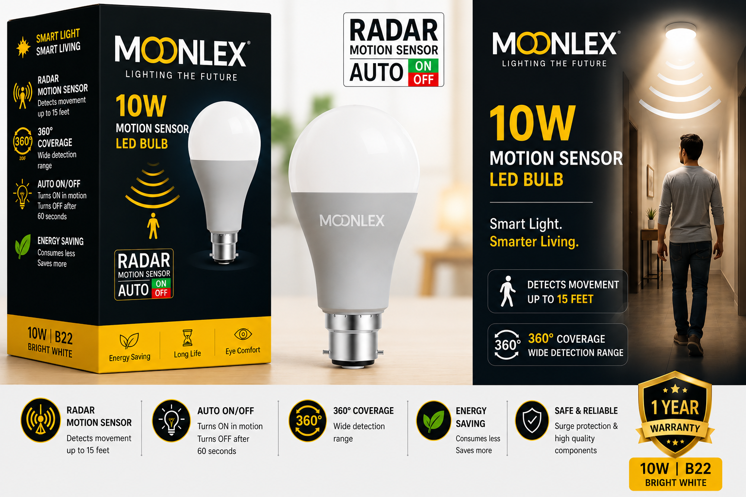 Moonlex 10W Motion Sensor LED Bulb (B22) – Radar Motion Sensor-Auto ON-OFF
